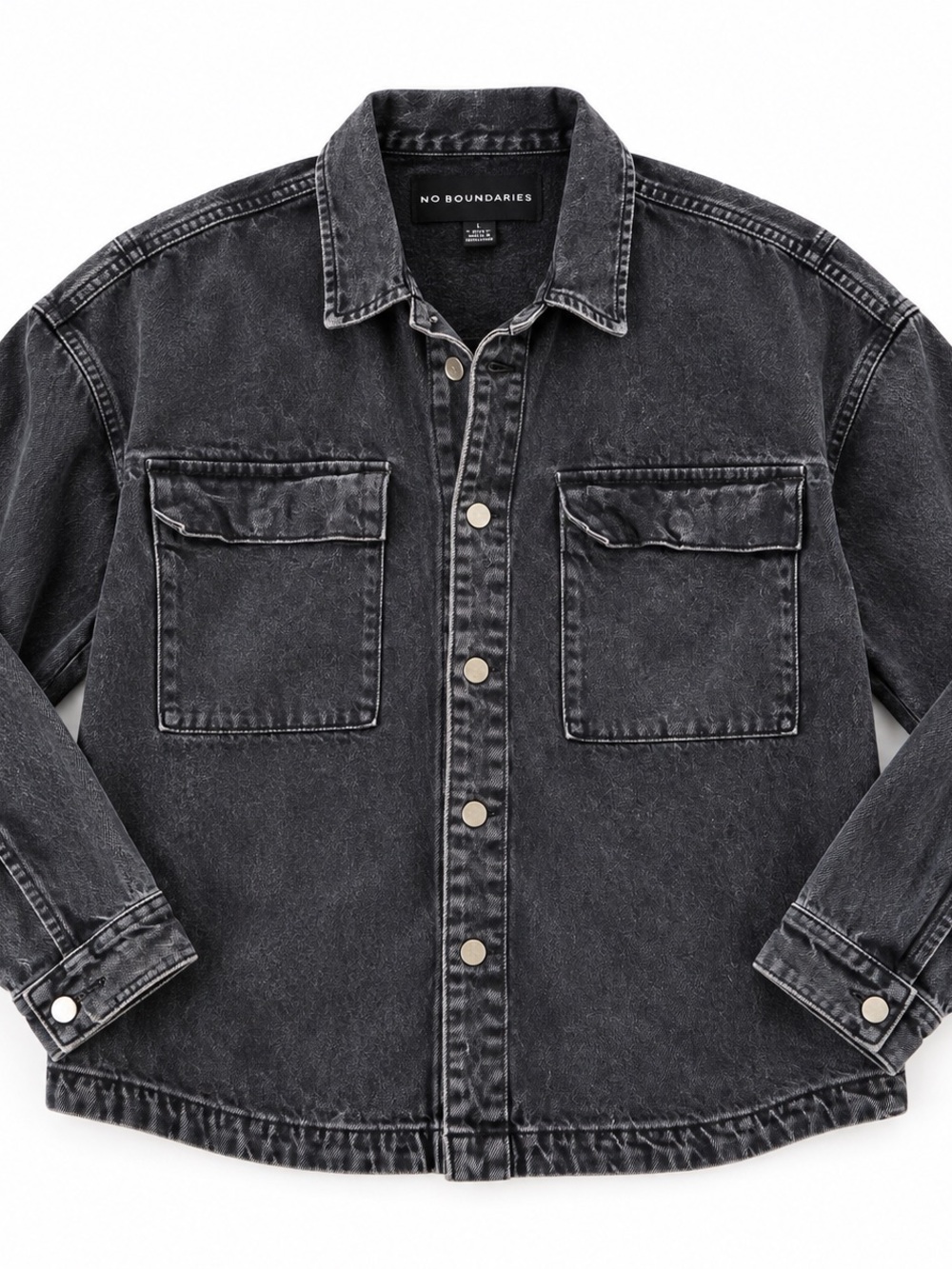 No Boundaries Washed Black Denim Jacket Overshirt Size M Distressed Look